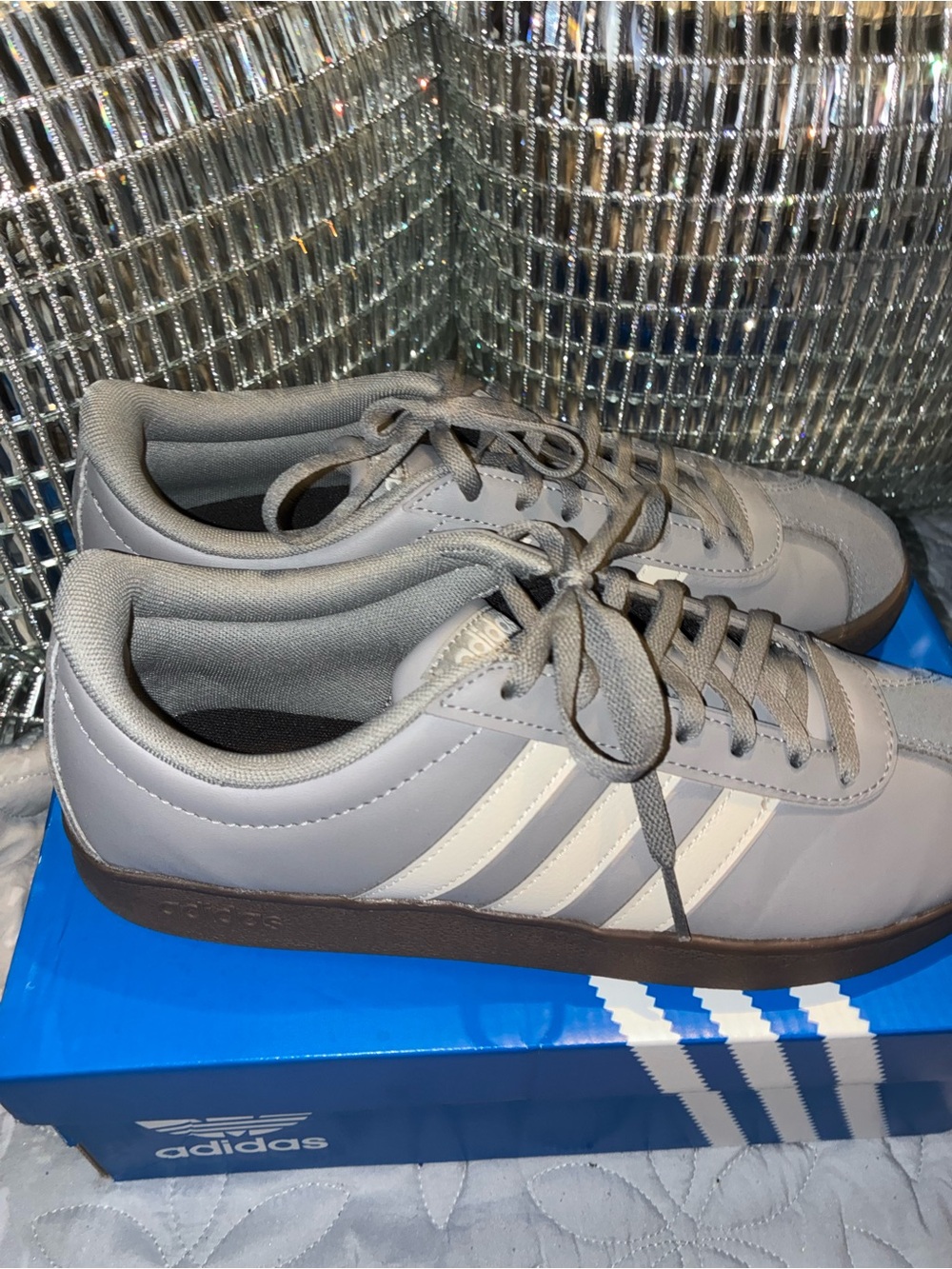 adidas Women’s Gray Sneakers with White Stripes